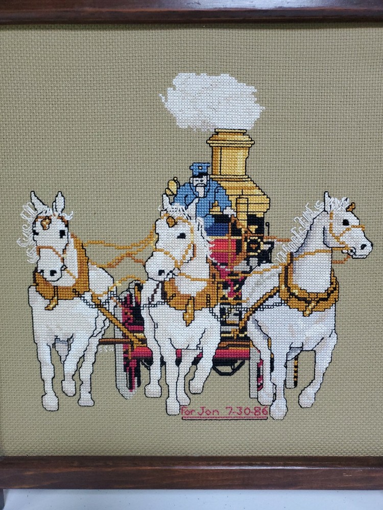 Horse Drawn Fire Engine Cross Stitch Wood Frame