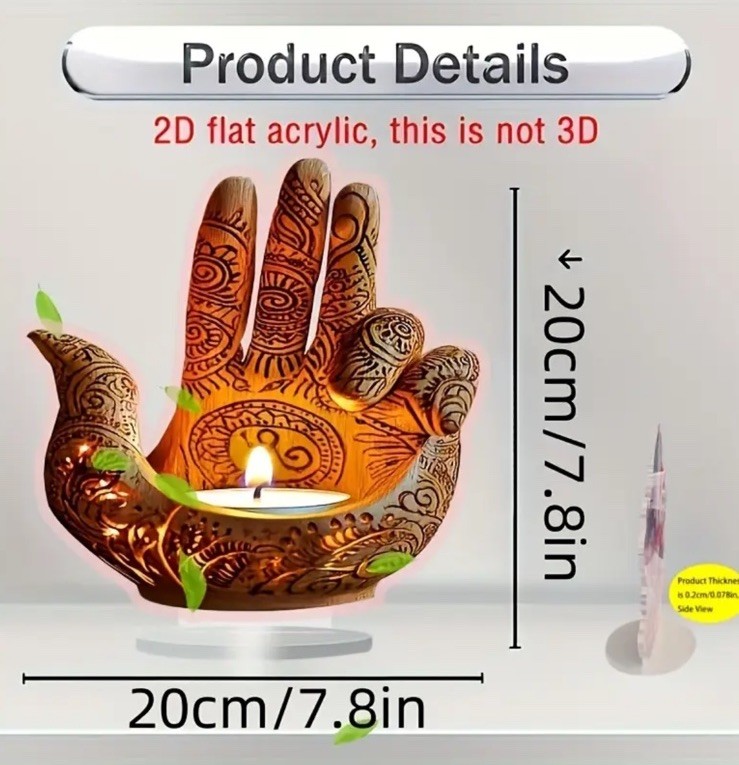 Decorative 2D Flat Hand Holding A Candle Display W Base - Acrylic, Double Sided