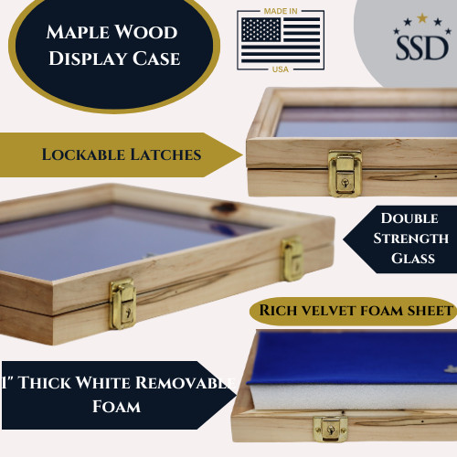 Maple Wood Display Case 12 X 9.5 X 2”with Blue Liner for Arrowheads Knives Coins
