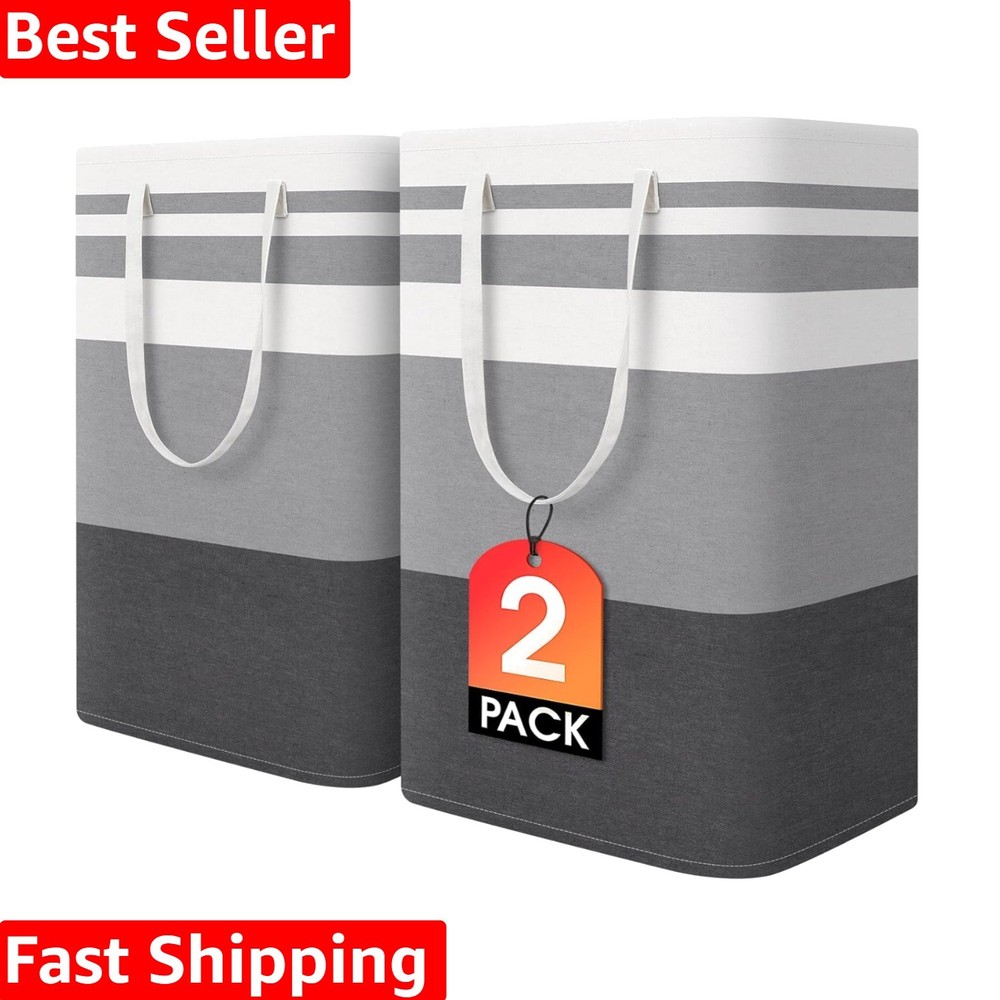 2 Pack Large Laundry Baskets, Waterproof, Freestanding Laundry Hampers, Colla...