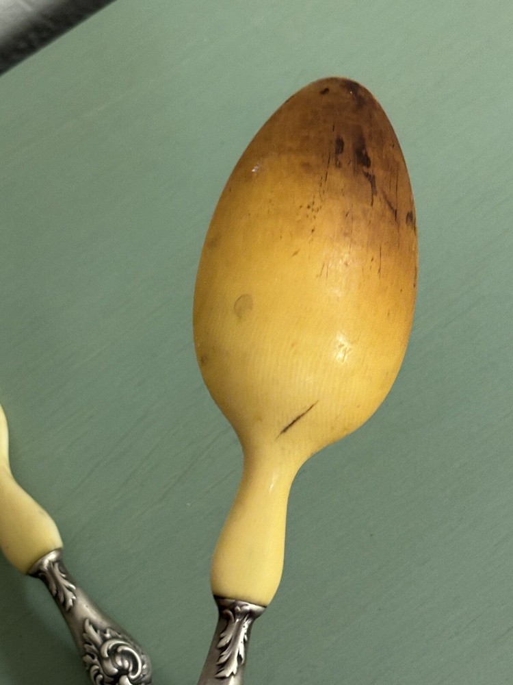 Antique silver And Horn salad Server fork and spoon (signed)