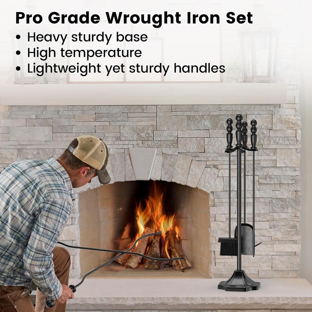 5PC Fireplace Tools Set - Fireplace Accessories Tool Set with Stand - 32" Wro...