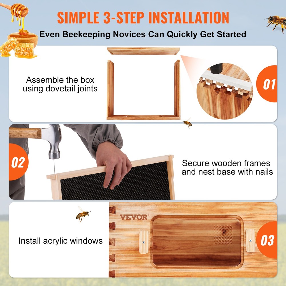 VEVOR Bee Hive Langstroth Kit 20 Deep & 10 Medium Frames with Acrylic Windows