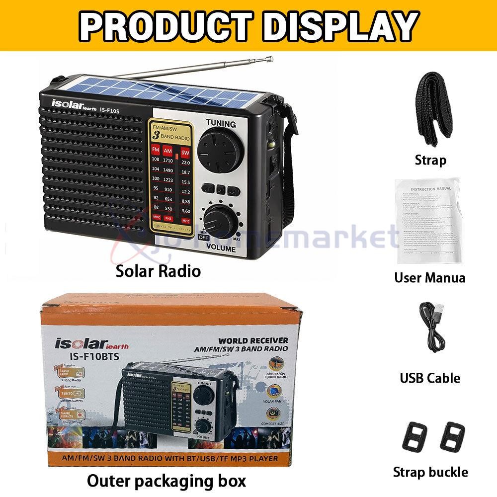 Portable Solar Radio FM/AM SW Digital Bluetooth Speaker MP3 Player Rechargeable