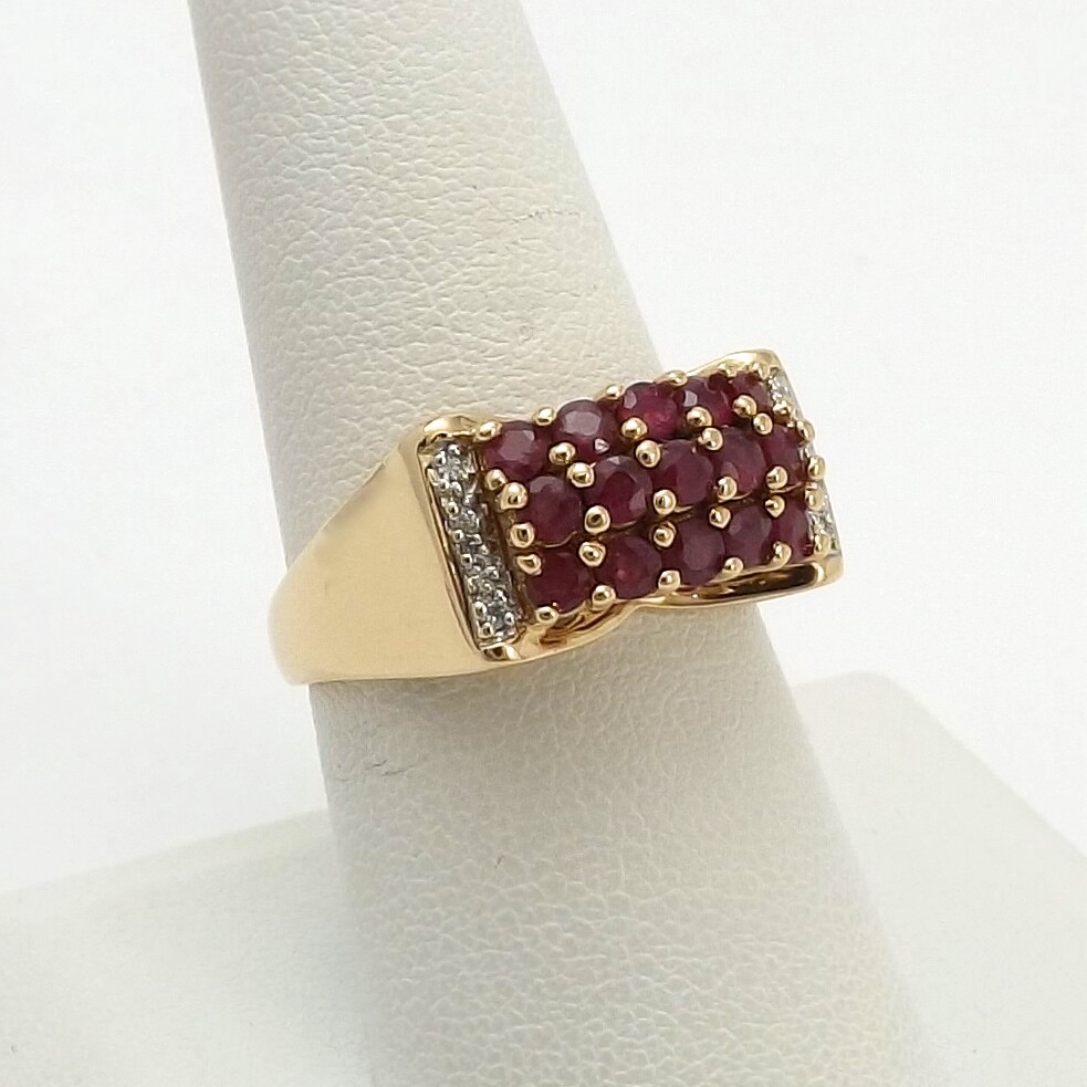 14k Gold Natural Ruby Diamond Ring High Set Triple Row Setting
