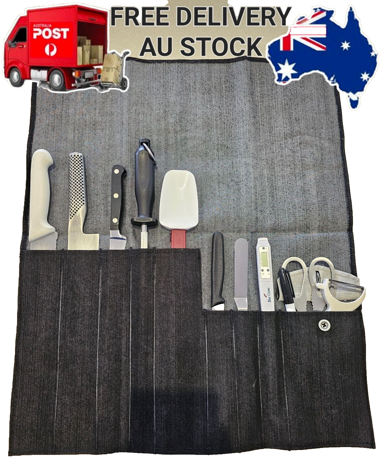 Handmade CHEF KNIVES WRAP BAG 9 Pockets - WASHABLE, LIGHTWEIGHT, DURABLE