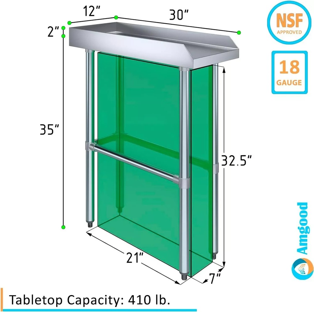 Steel Table for Kitchen Prep & Work, NSF Open Base, Side Guards 30" x12"