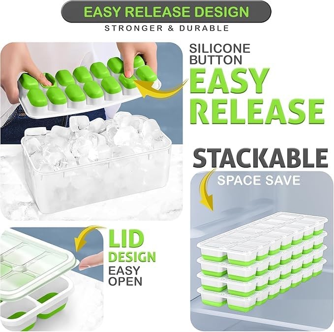 56pcs Ice Cube Tray with Lid and Bin – Stackable 4 Trays Silicone Plastic Fre...