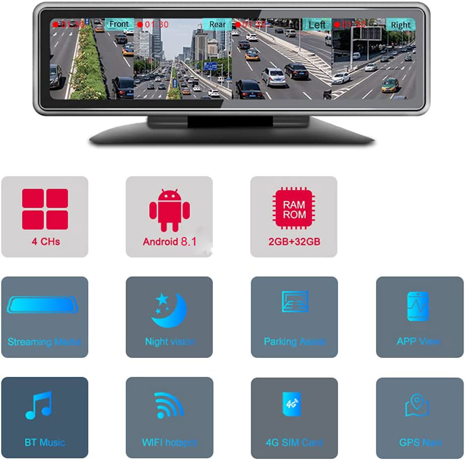 4 cameras recording Android 8.1 rearview mirror dash camera video recorder