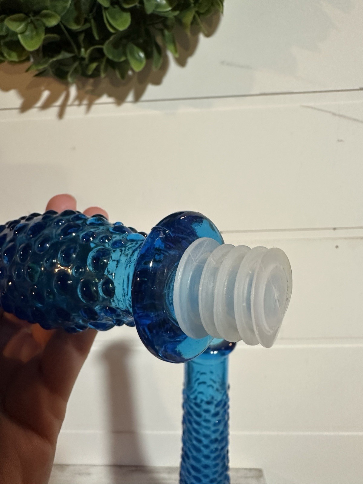 Vtg Blue Hobnail Glass Decanter Genie Bottle 22.75” W/ Stopper Empoli MCM Italy