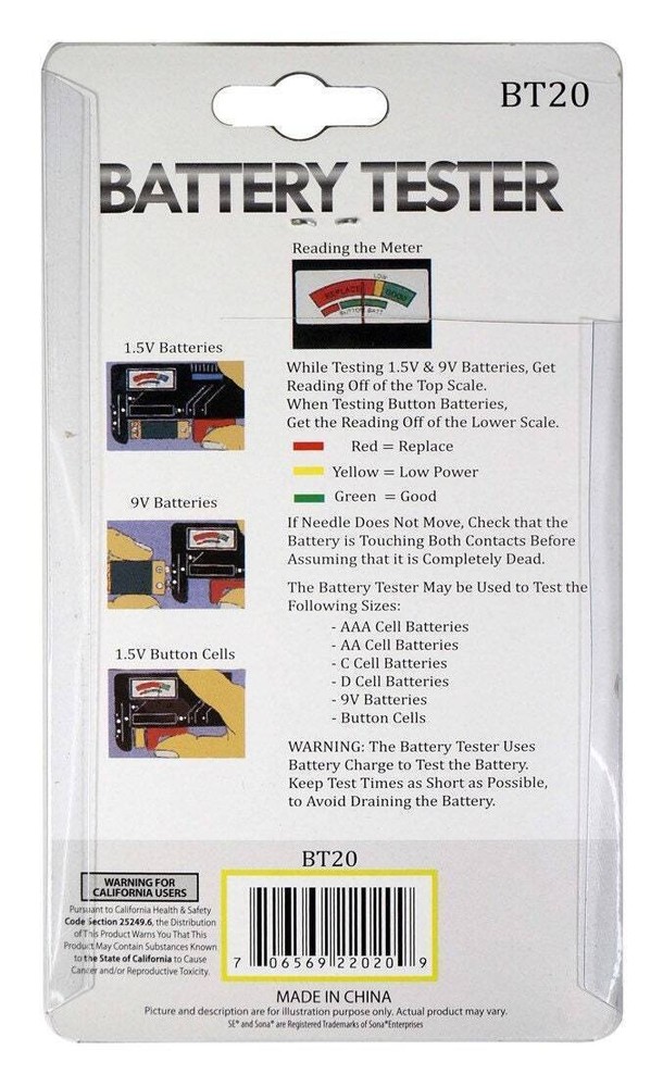Universal Battery Tester for Testing AAA, AA, C, D, 9V, and Button Cell Batteri