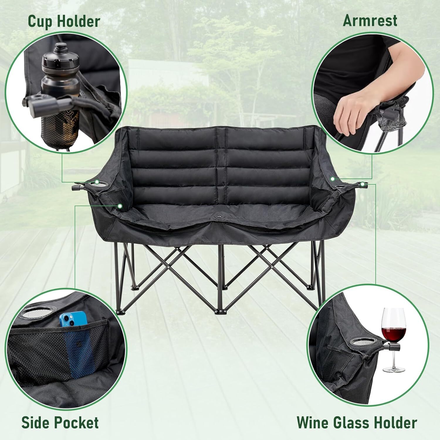 H&ZT Double Camping Chair, Fully Padded Folding Camping Loveseat Duo Chair 600lb