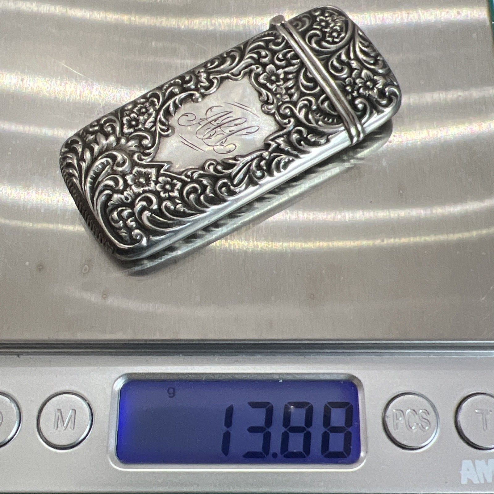 Antique Sterling Silver Ornate Floral Motif Match Safe Vesta Case HAS MONO