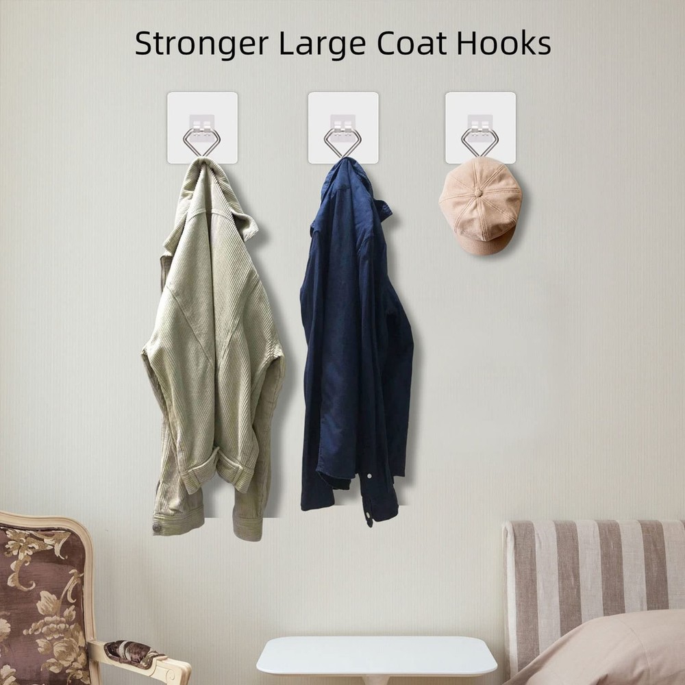 Homstan Large Adhesive Hooks 44Ib(Max), Wall 10 Pack, Clear