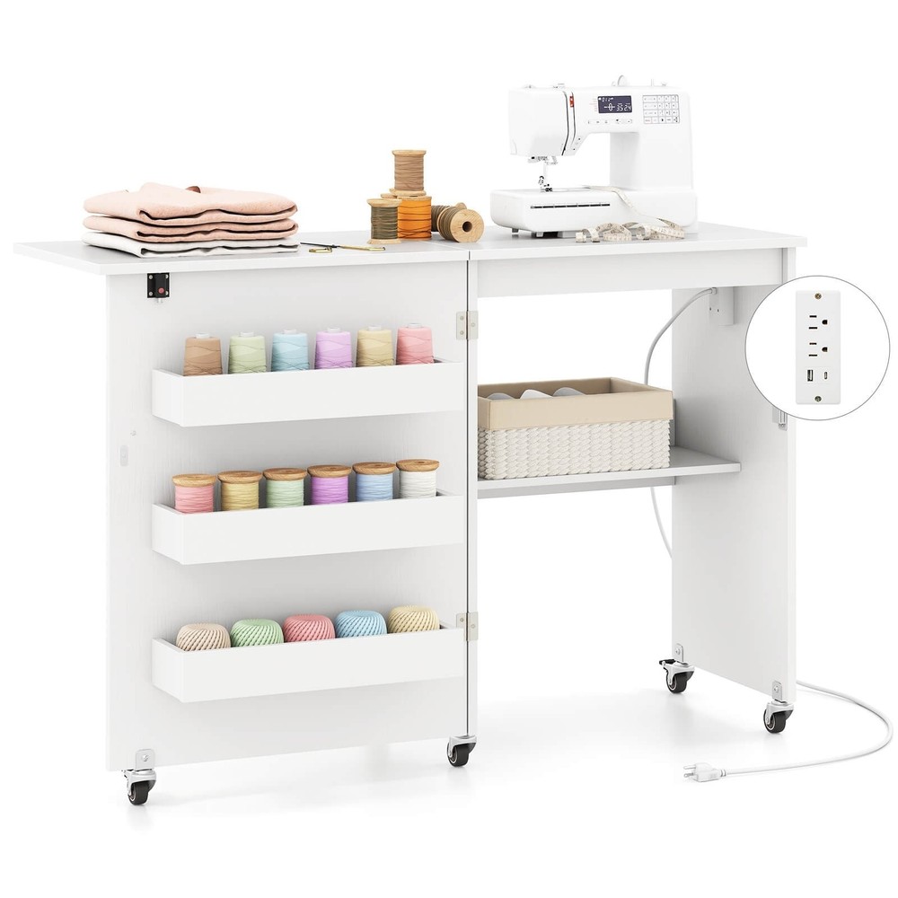 Sewing Machine Table with Charging Station and Lockable Casters White