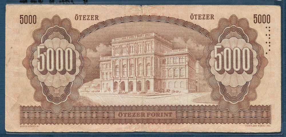 Hungary 5000 Forint, 1990, P 177a, VF minor split annotation