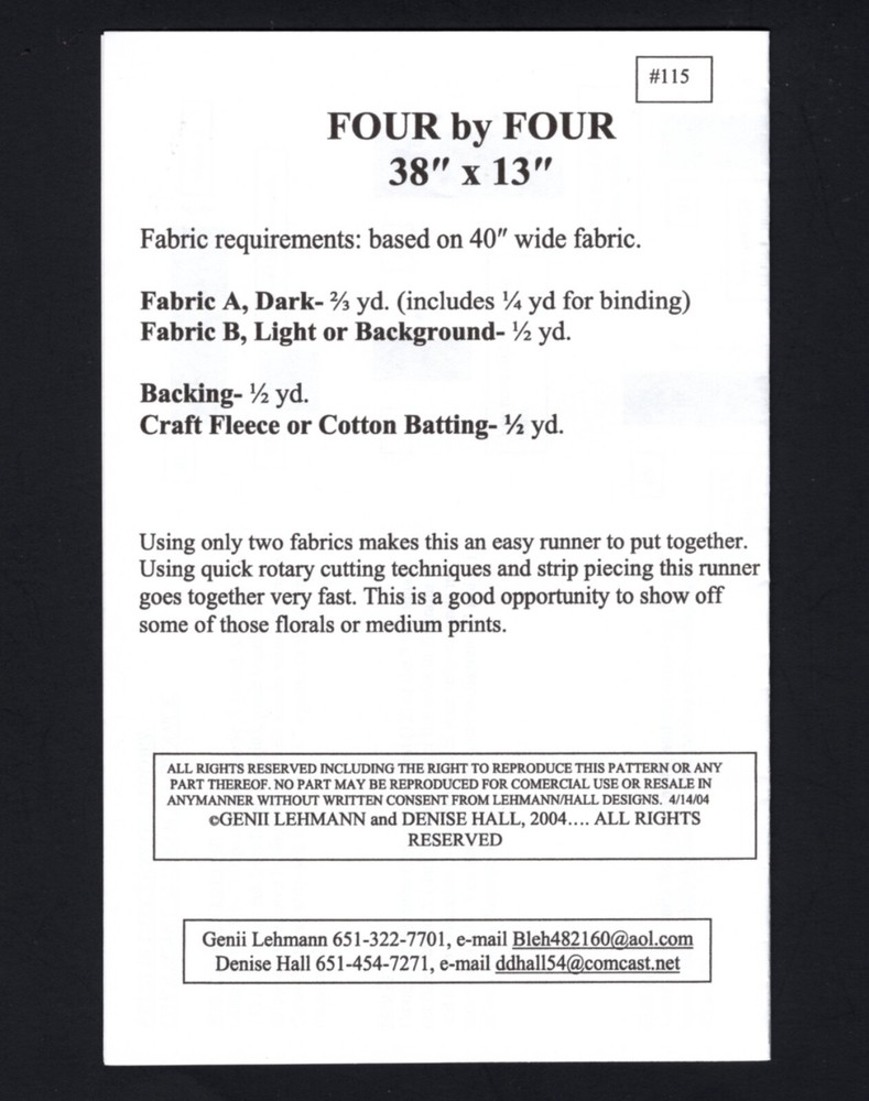Four by Four Runner Pattern 115 by Lehman Hall Designs