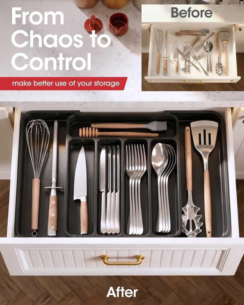 Aujen Silverware Organizer - Expandable Kitchen Drawer Medium, Black
