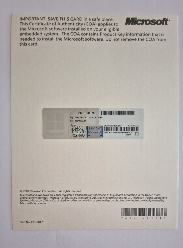 SQL Server 2022 ENTERPRISE 96 Core License, unlimited User CALs Physical Item