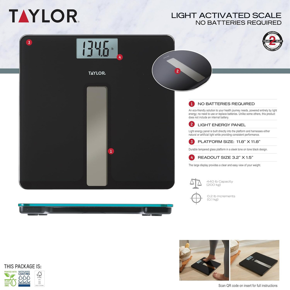 Taylor Light Powered Digital Bath Scale, Large and Durable Platform, Light Power