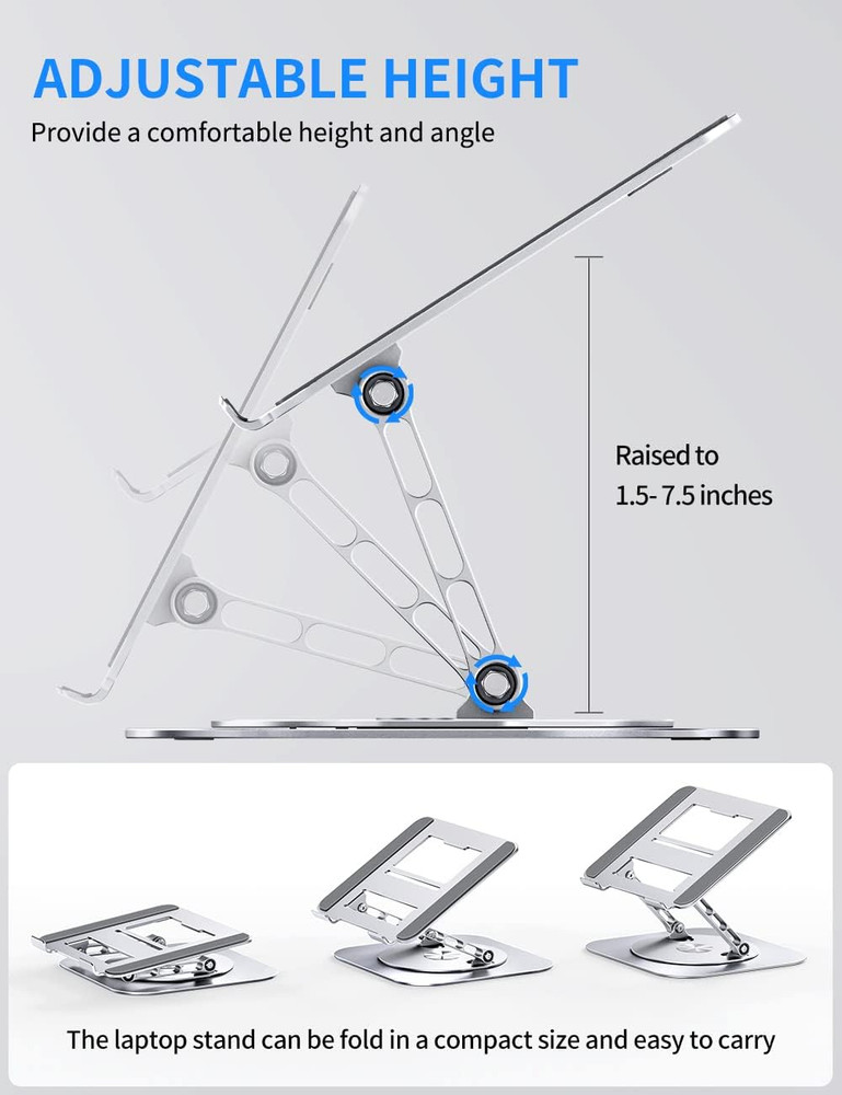 Adjustable Computer Stand with 360 Rotating Base, Ergonimic Foldable Laptop Rise