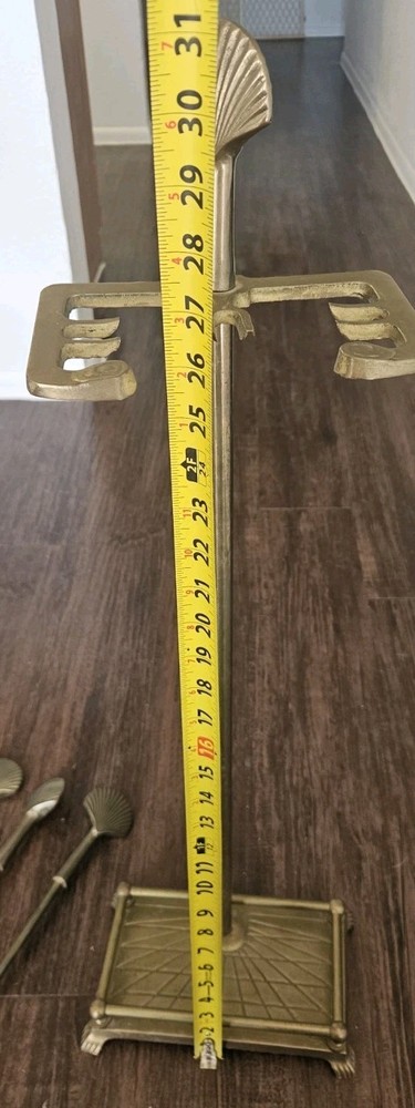 Vintage Solid Brass Fireplace Tool 5-Pc Set Scallop Shell Finial, Nautical, MCM