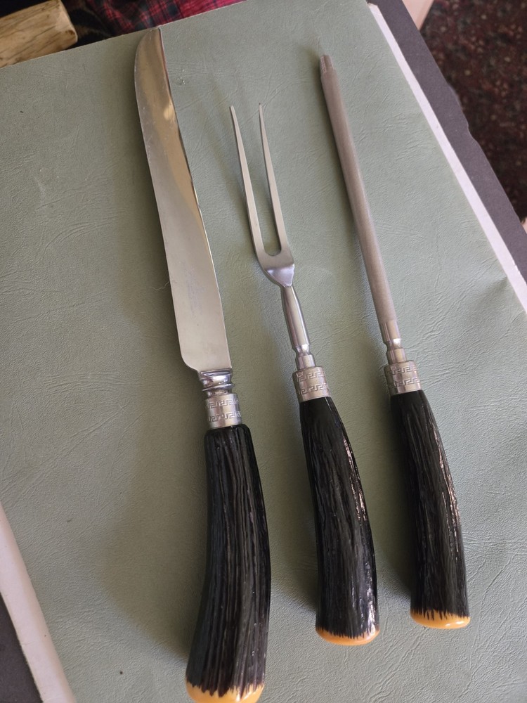 Vintage BAKELITE Handle Carving Set Fork, Knife, Sharpener Westall/Richardson