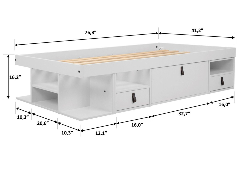 Memomad Bali Bed - Twin Size Storage Platform Bed Frame with Drawers (White)