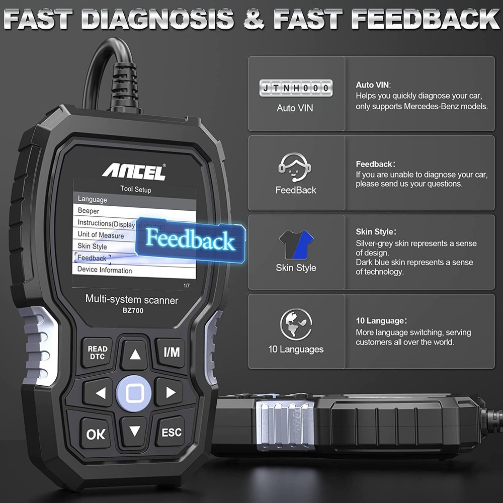 ANCEL BZ700 Fit for Mercedes Benz OBD2 Scanner ABS SRS All System Code Reader