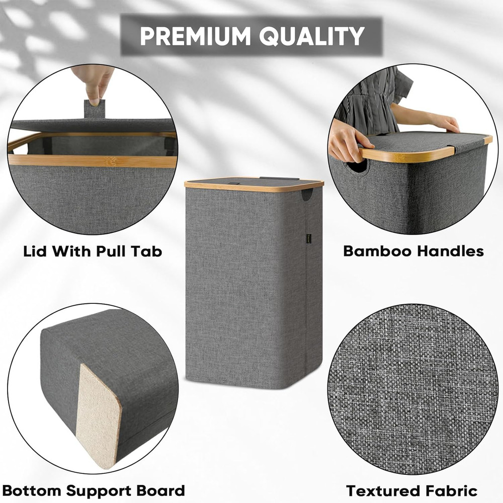 Laundry Hamper with Lid, Tall Laundry Baskets with Bamboo Pull Handles, Large La