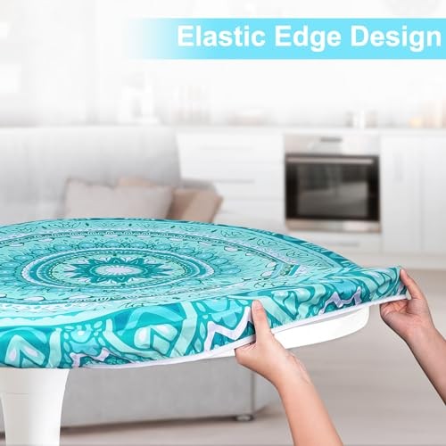 Round Tablecloth Fitted Elastic Table Cover Waterproof Table S (36"-44") Blue