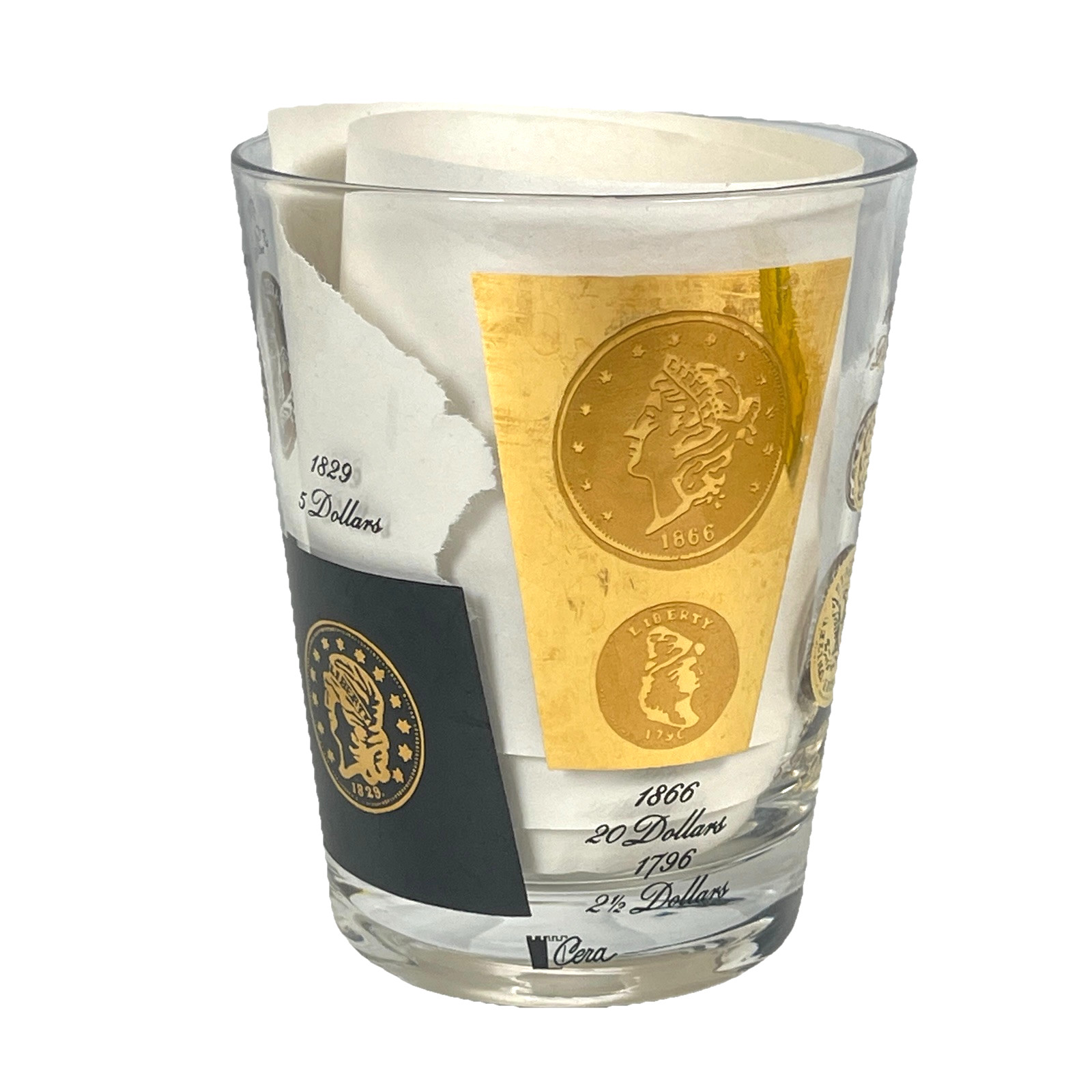 Cera Bob Wallack Gold Coin 6 Vtg Highball Glass Lot MCM Old Fashioned Cocktail