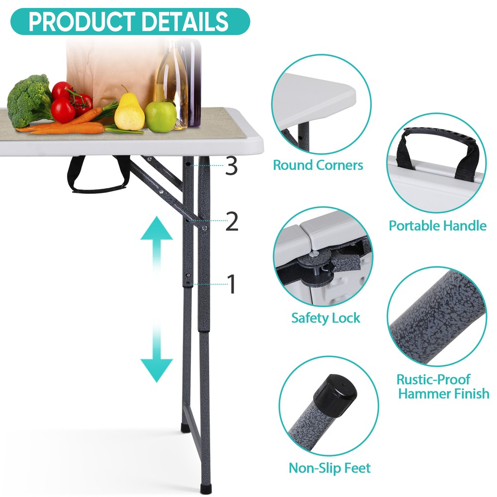 Folding Utility Table 4ft Fold-in-Half Plastic Picnic Party Dining Camping Table