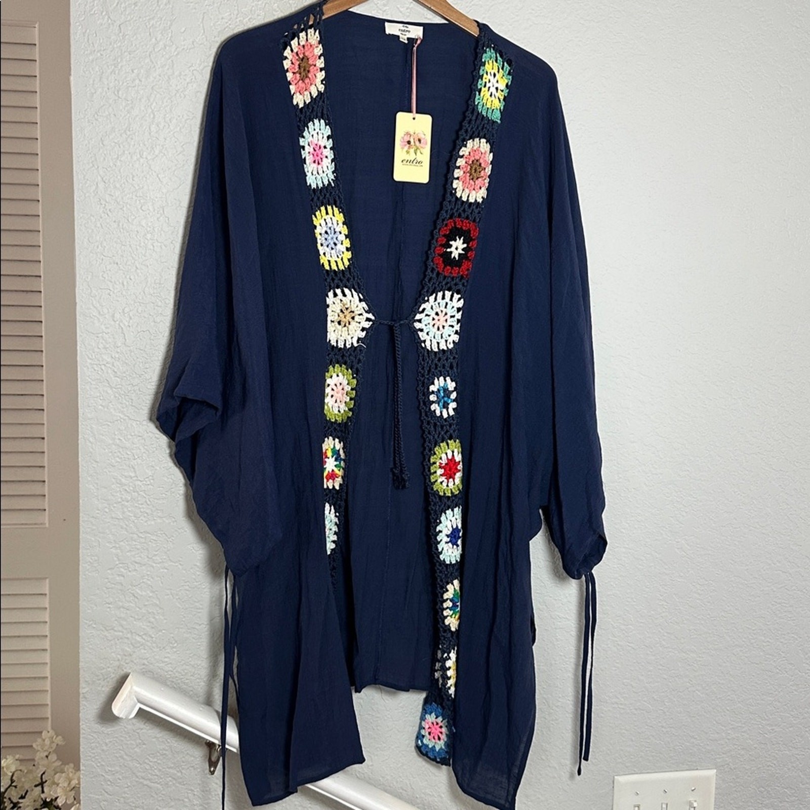 NWT Entro Crochet Granny Square Open Kimono Navy Blue 1X Swim Coverup Resortwear