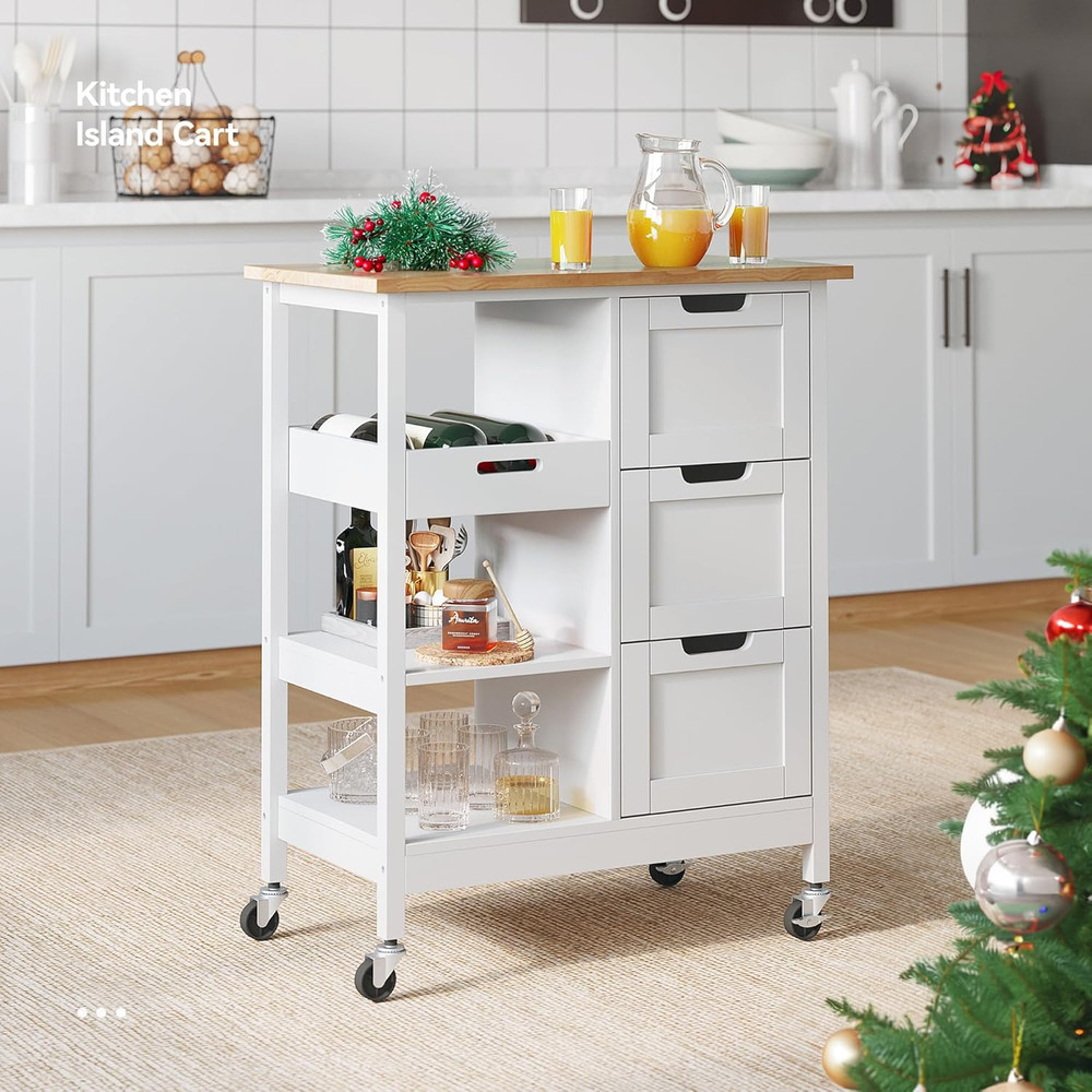 Small Solid Wood Top Kitchen Island Cart on Wheels with Storage, Rolling Portabl