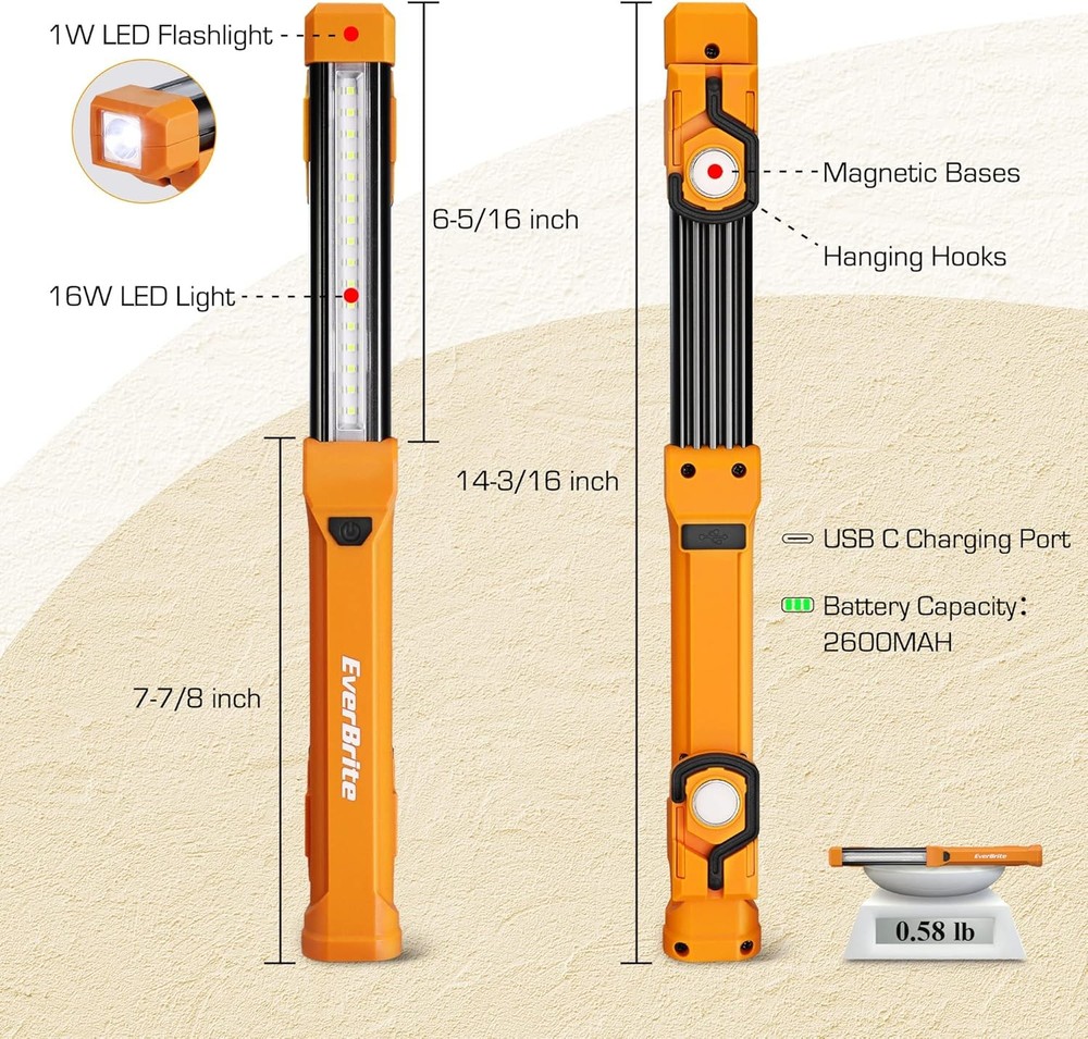 EverBrite 1000LM LED Work Light, Rechargeable Work Light for Mechanics with Dual