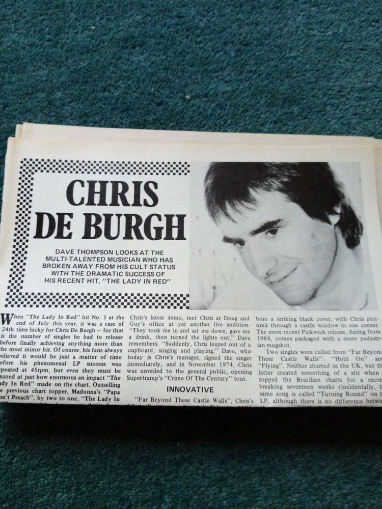 Da12 Ephemera 1985 pop article Chris de Burgh rare records