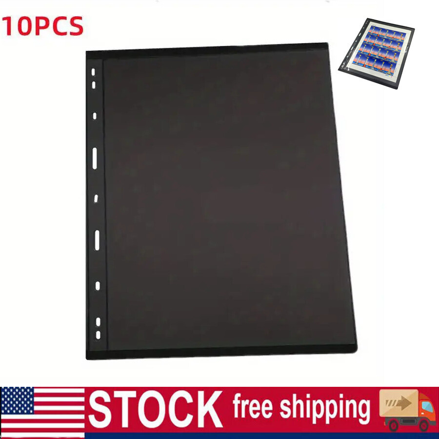 (1 Strip) 10 Sheet of Stamp Stock Pages w 9 Binder Holes - Black & Double Sided