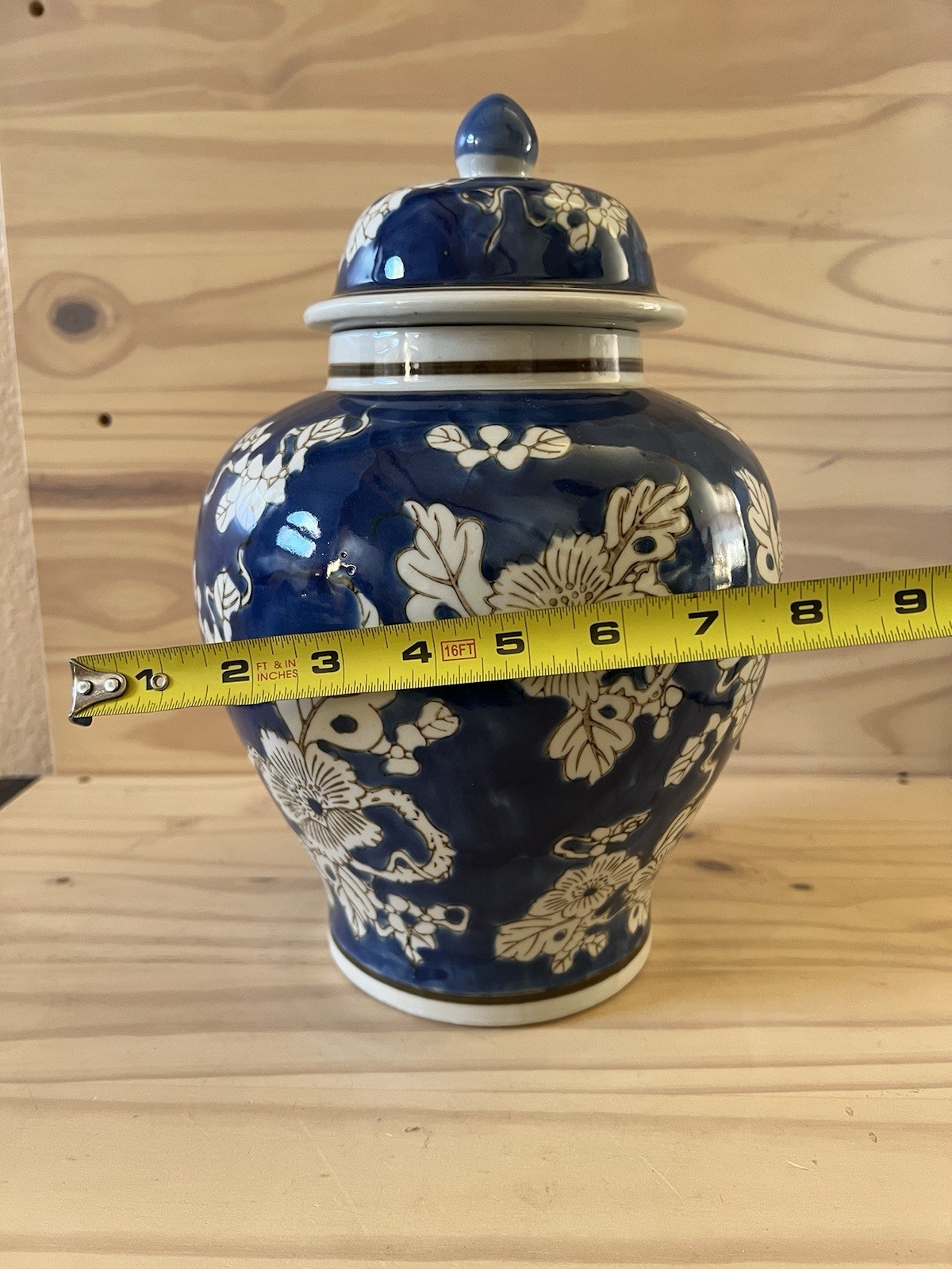 Galt International Blue and White Floral Chinoiserie Ginger Jar 12" w/Lid NEW