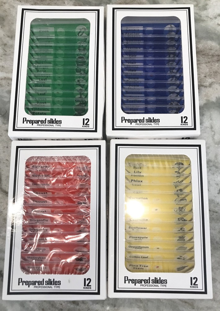 48Pcs Prepared Plastic Microscope Slides Biological Specimen with 4 Boxes for Ch