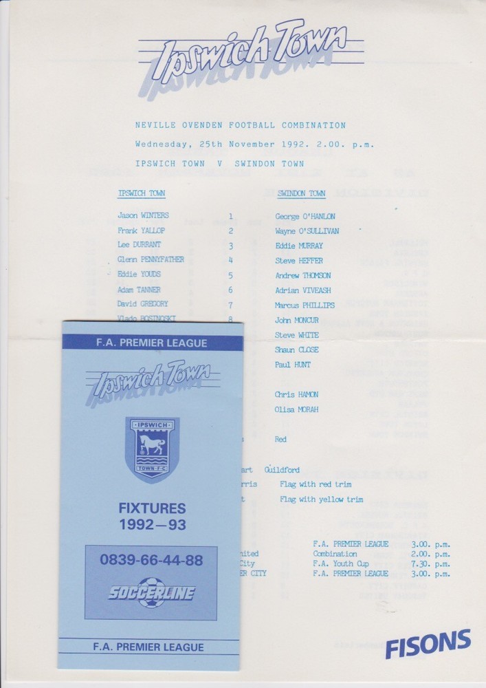 Ipswich Programmes, Official hand Teamsheets with Referee Appointment Letter