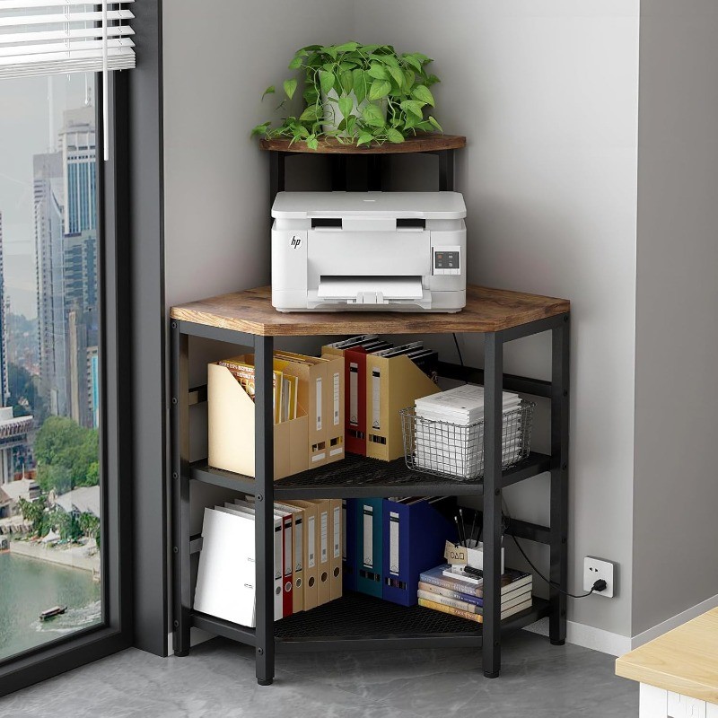 Corner Printer Stand Table, with Power Outlet and USB Charging & LED Lights