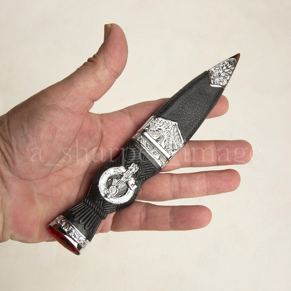 7" Celtic Scottish Small Sgian Dubh Dagger - Bag Pipes, Thistle + Red Stone NICE