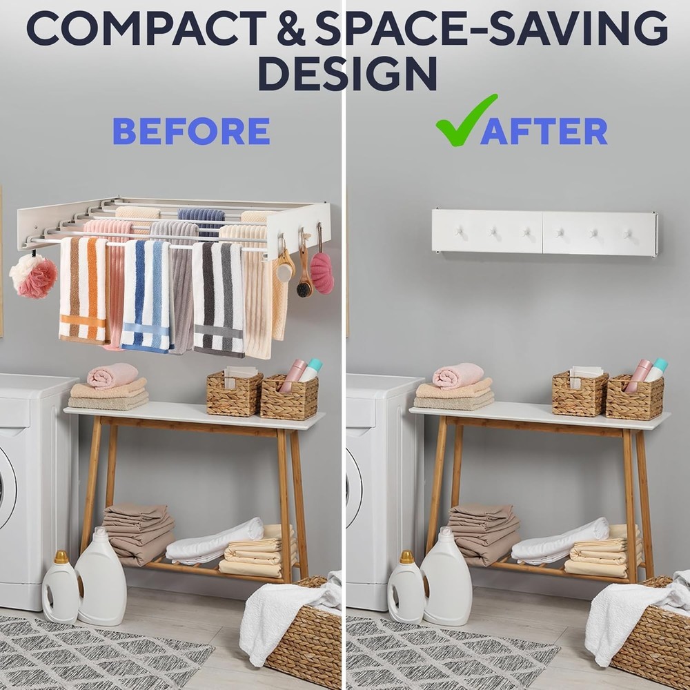 Foldable Wall Mounted Drying Rack - Easy to Install Laundry Room Racks