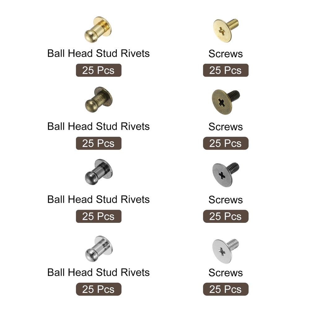 4mm Ball Head Stud Rivets Screw Back, 100Pack Button Nipple Rivet, 4 Colors