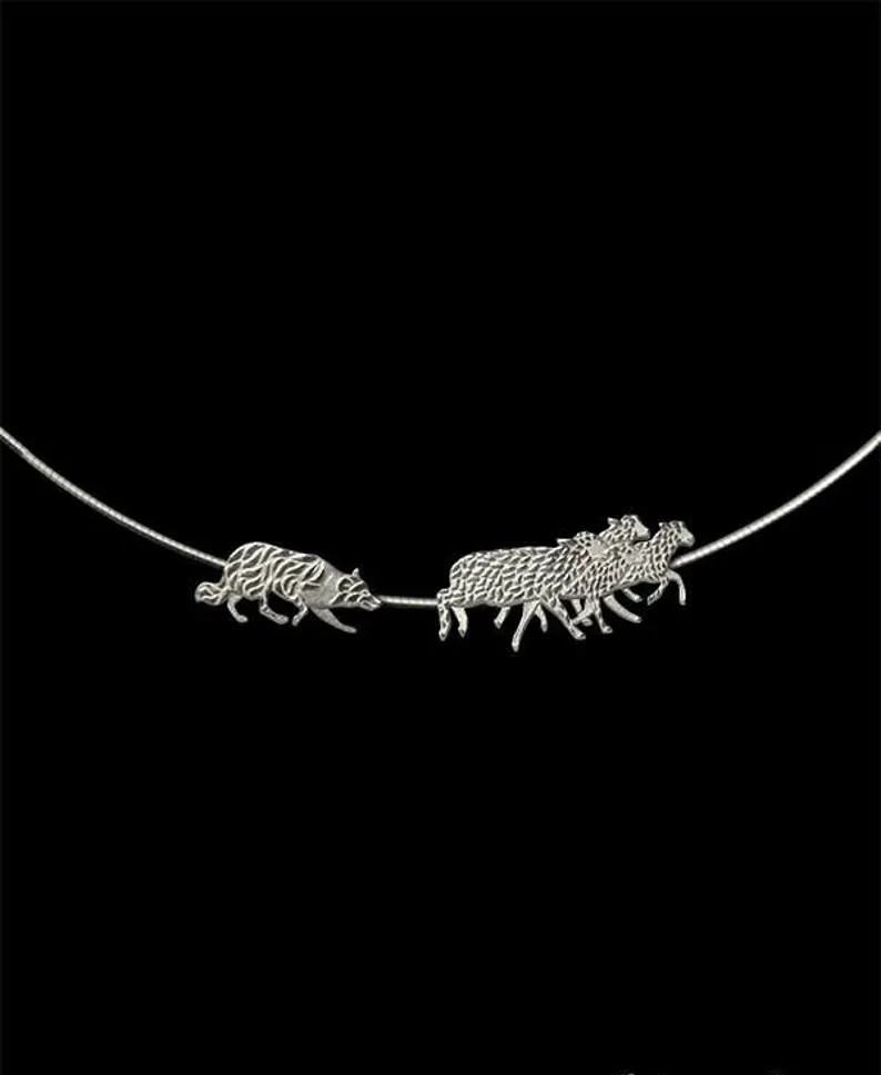 Working Border Collie & Sheep Necklace Solid 925 Sterling Silver Pendant