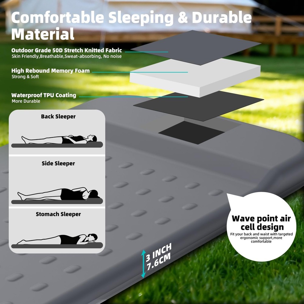 KASIMO Memory Sleeping Pad for Camping, 3" Compact Ultra-Thick Foam Sleeping ...