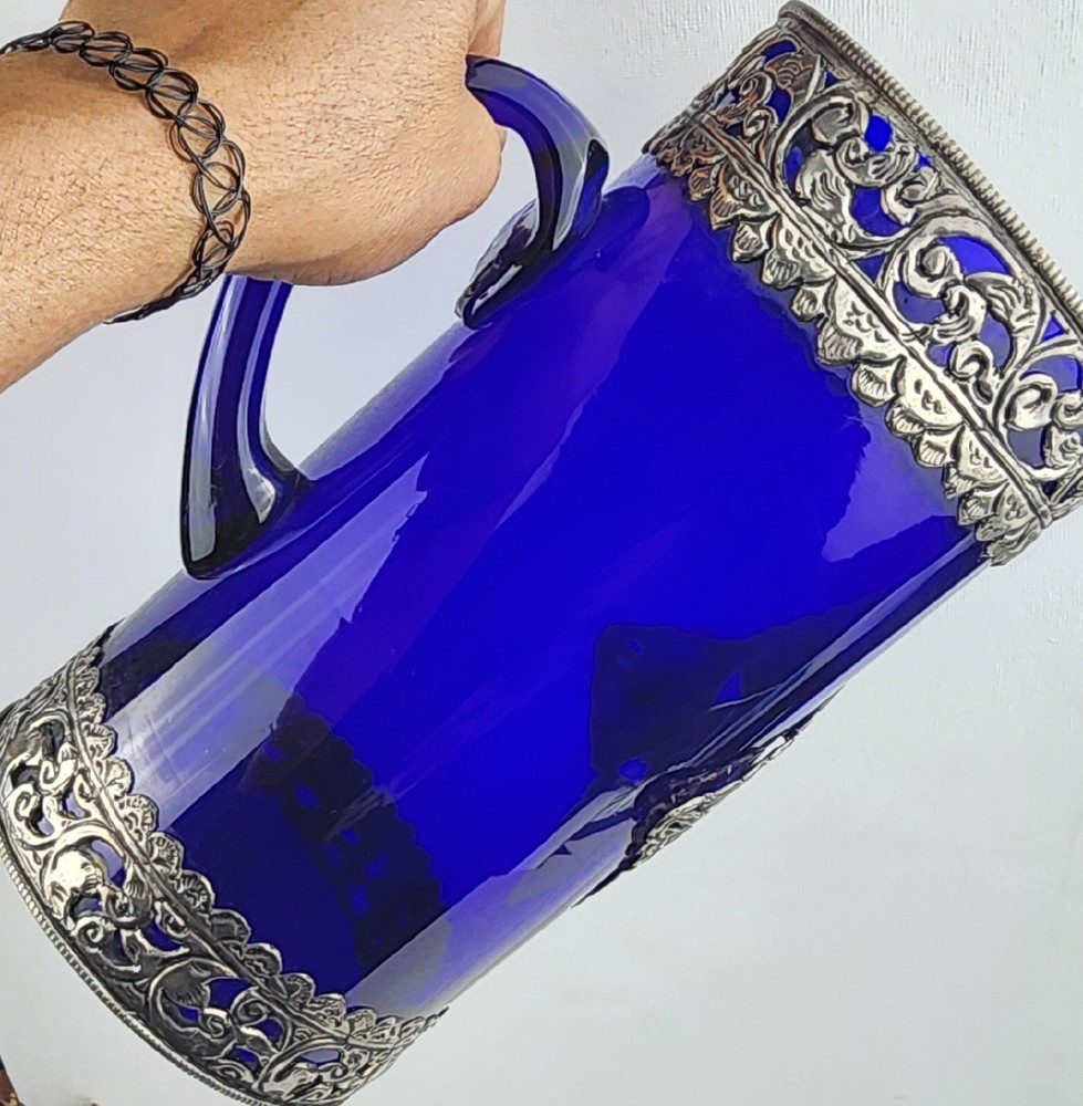 Cobalt Blue Pitcher with Silver Toned Filigree