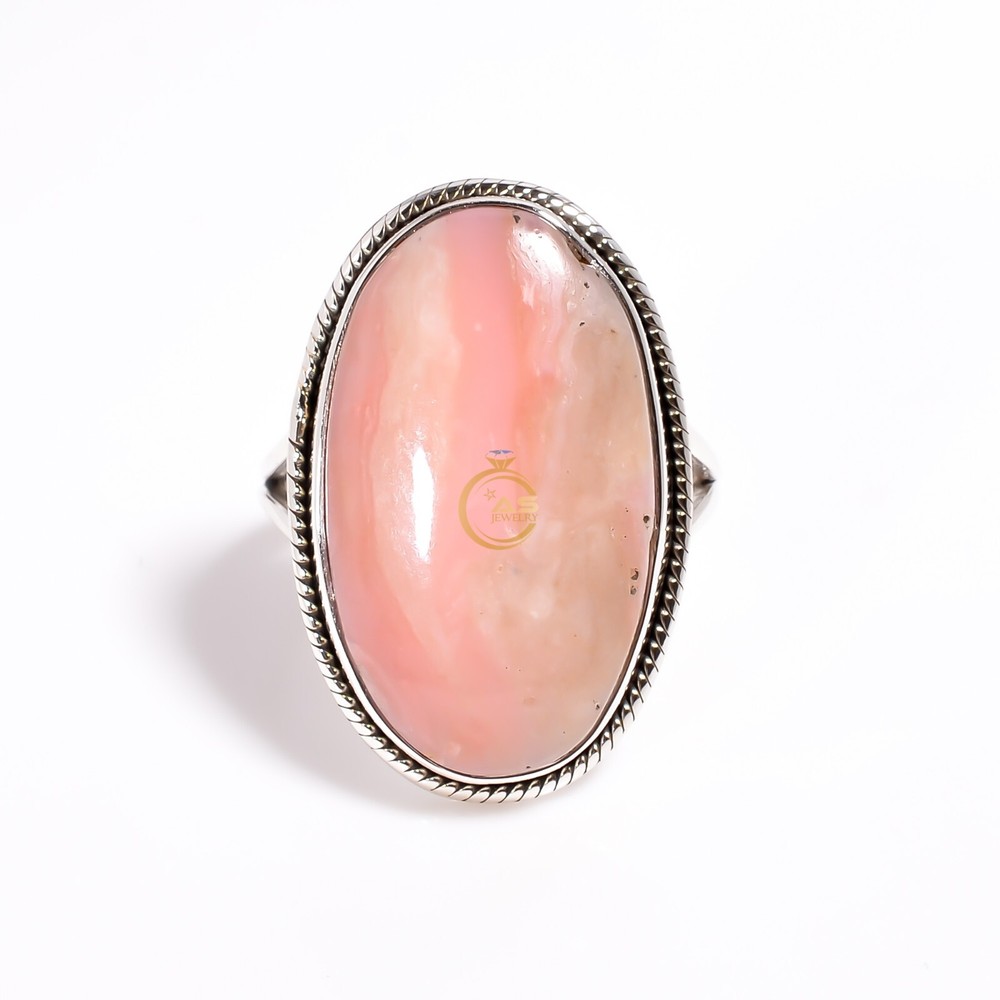 Pink Opal Ring Pink Stone 925 Sterling Silver Handmade Statement Boho Rings