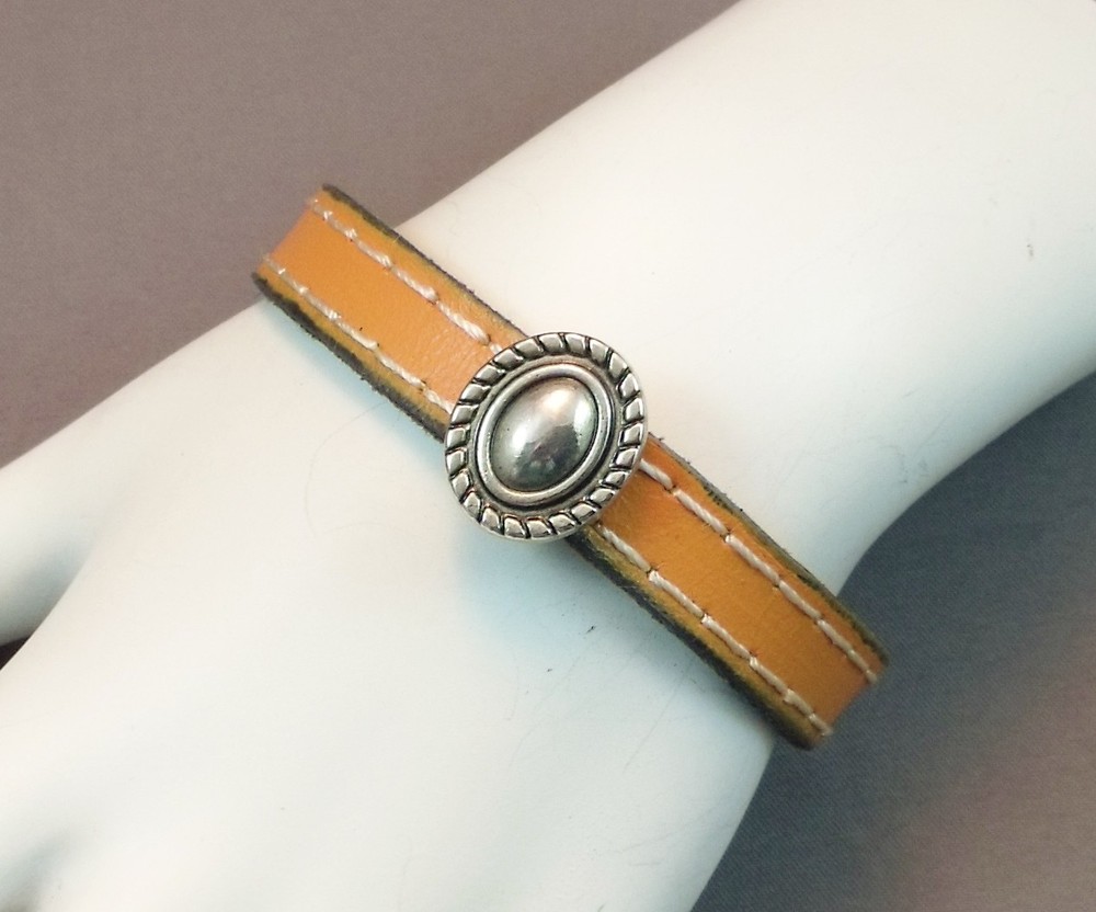 Handcrafted Stitched Orange Leather with Silver Slide